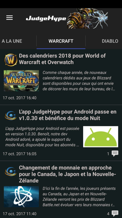 Mode Nuit de l'app JudgeHype sous Android.