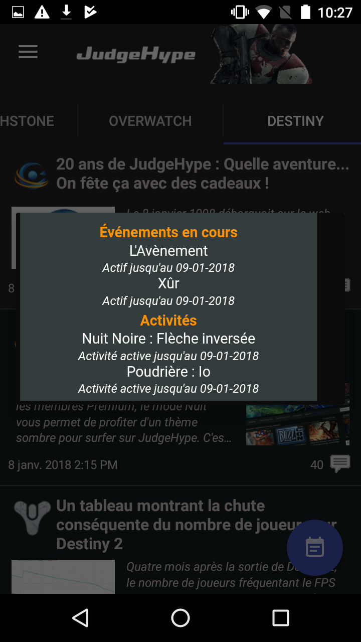 App JudgeHype pour Android v1.1.1 : Mode Nuit et modules Destiny 2, Overwatch et StarCraft II.
