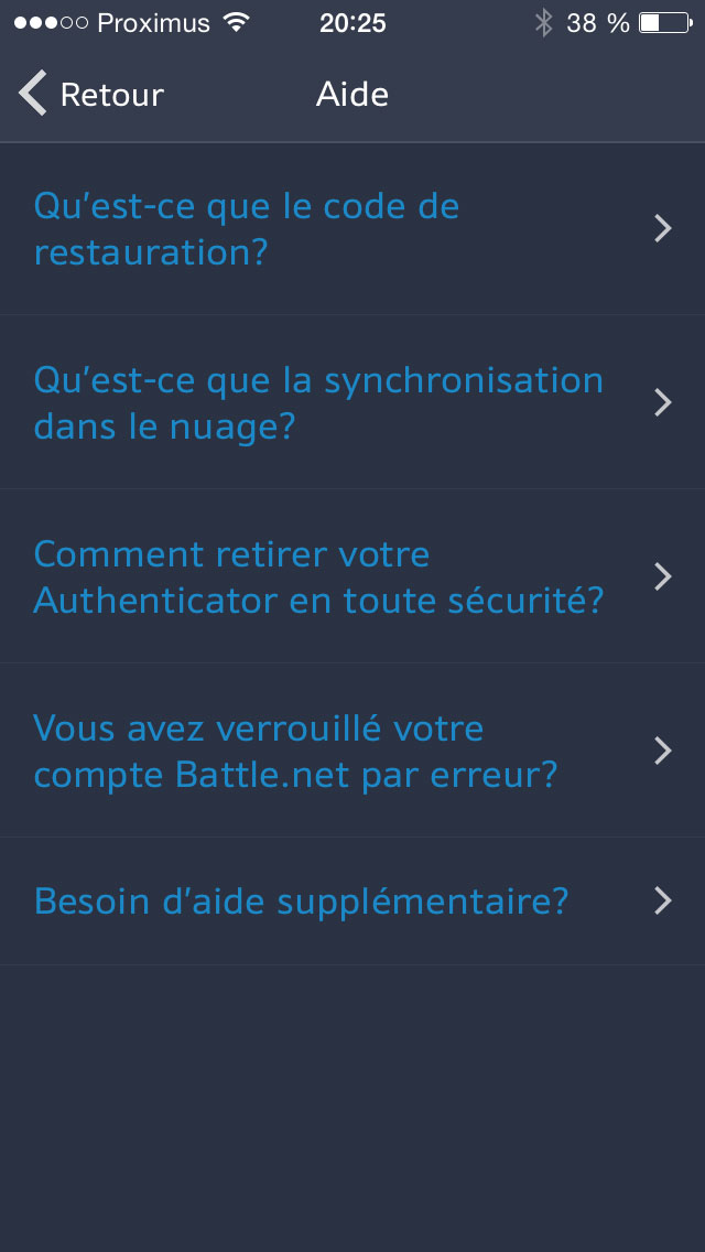 Screenshot du Battle.net Mobile Authenticator sous iOS, version 2.0.